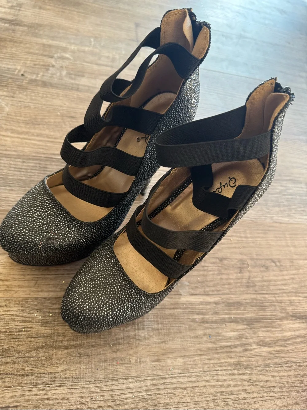 Women's Black Sparkle Platform Heels + black camel heels
